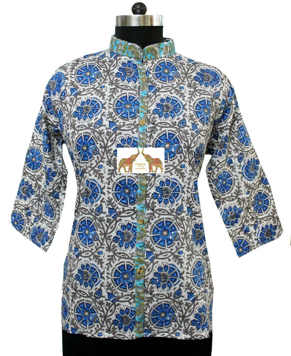 100% Cotton Indian Hand Block Printed Tunics Tops Shirt Indian Kurti Women Casual Wear Collar Shirts