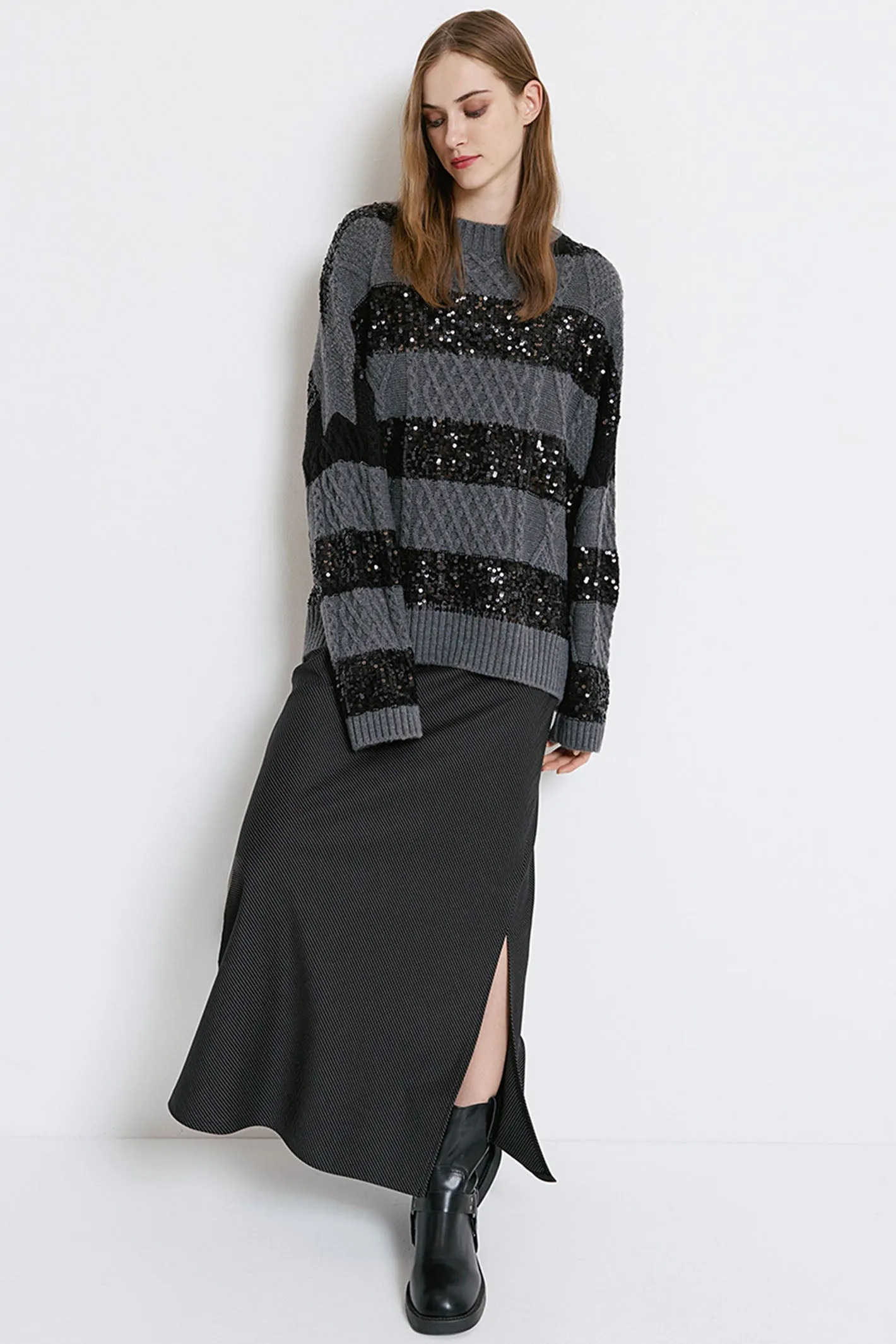 Access Fashion 8052 Grey Sequin Stripe Knit Jumper