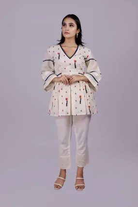 Adaara Off White Floral Tunic With Blue Motif