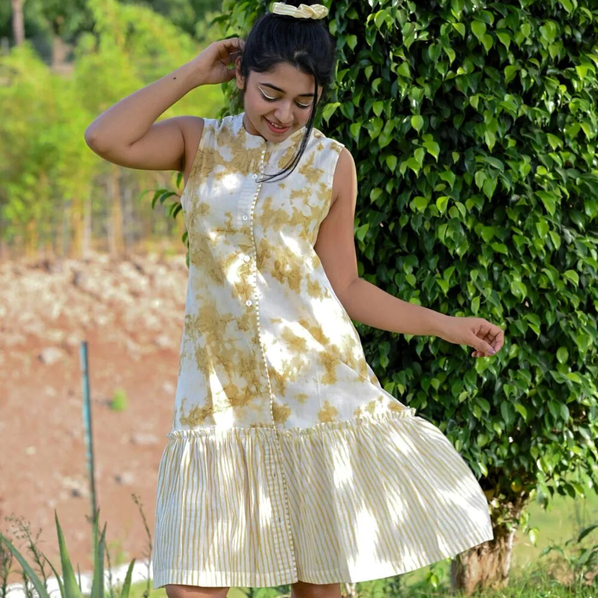 Band Collar Cotton Shift Dress- Halo