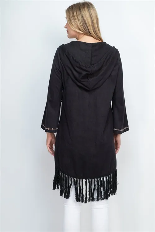 Black Faux Suede Hooded Boho Tunic Top