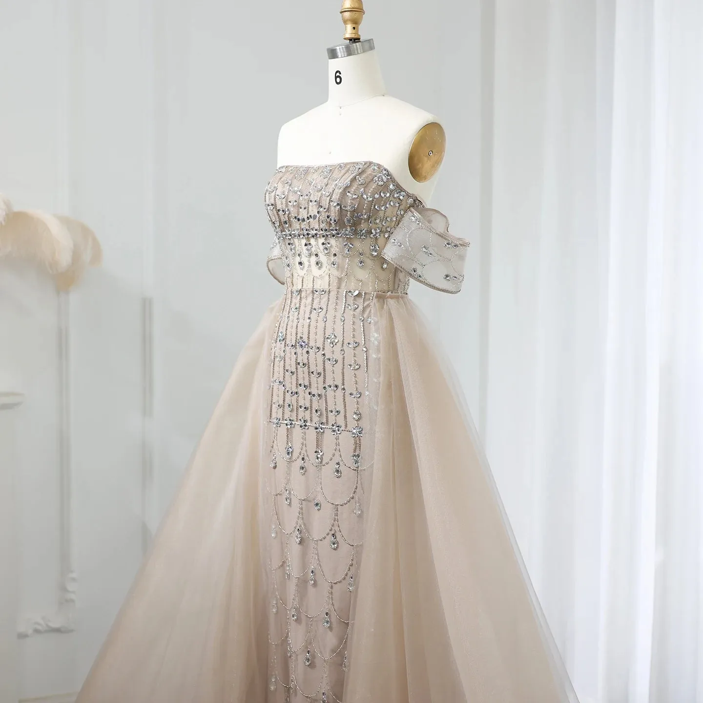 Champagne Mermaid Evening Gown with Overskirt
