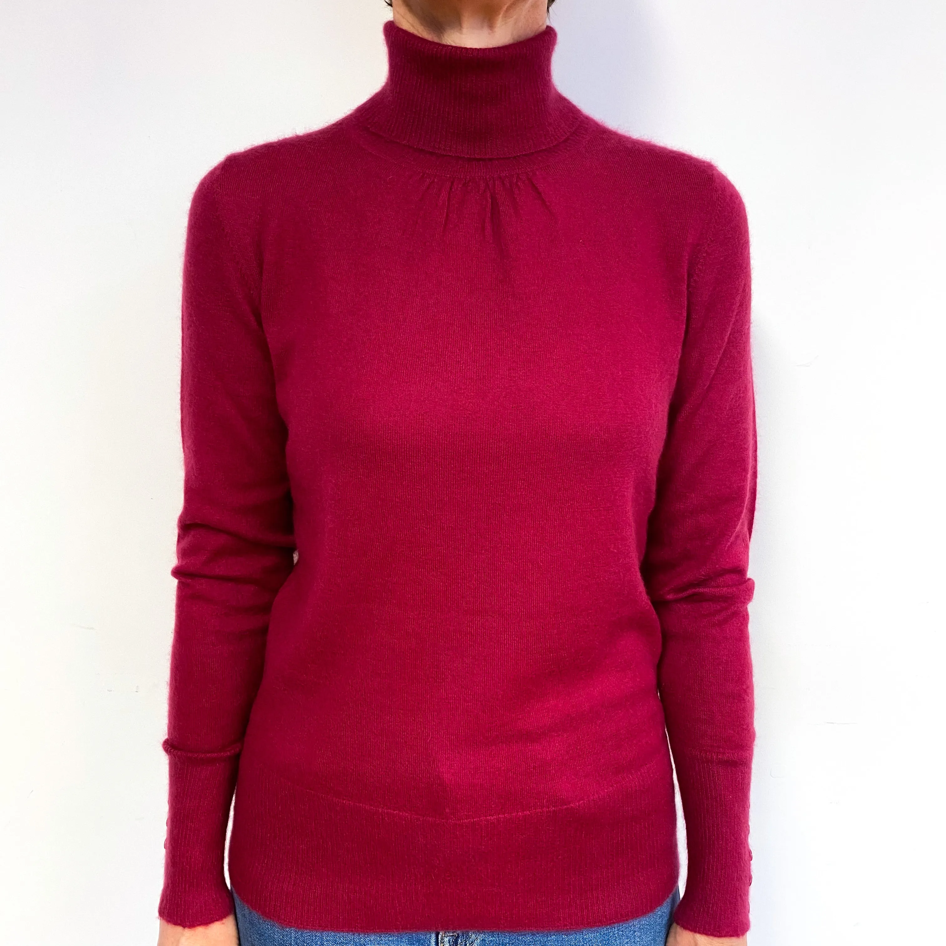 Cherry Red Button Cuff Cashmere Polo Neck Jumper Medium