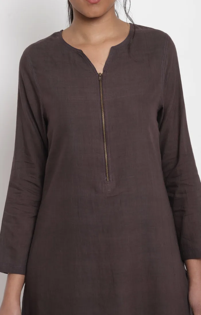 Cinnamon Handspun handwoven Muslin Kurta with front Zipper