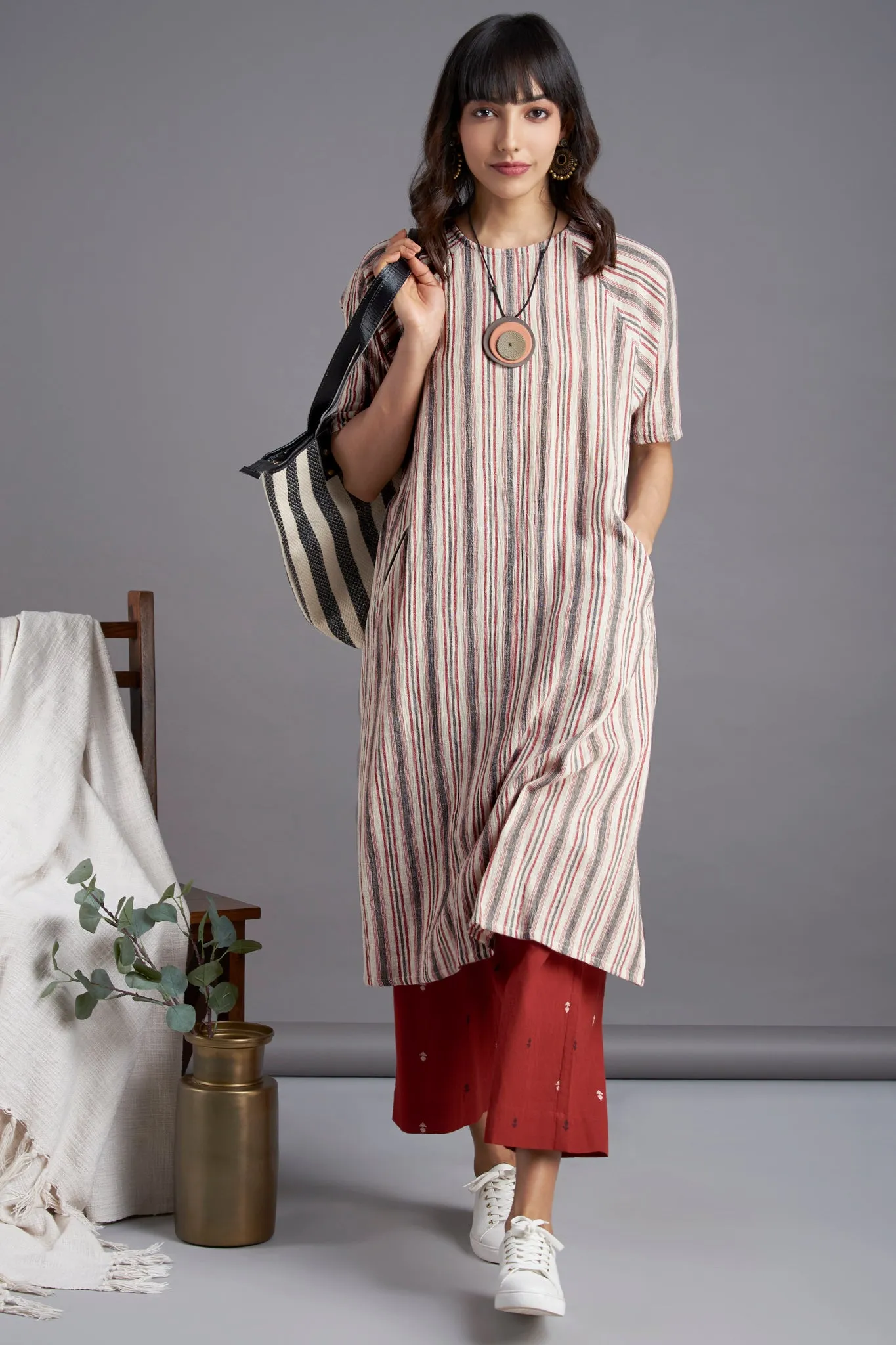 drop shoulder kurta - tranquil breeze & madder stripes