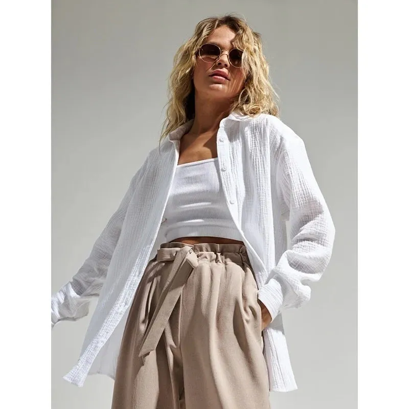 Fashionkova 100% Cotton Solid White Shirt For Women Casual Office Lady Turn Down Long Sleeve Tunic 2023 Spring Autumn Loose Womens Tops