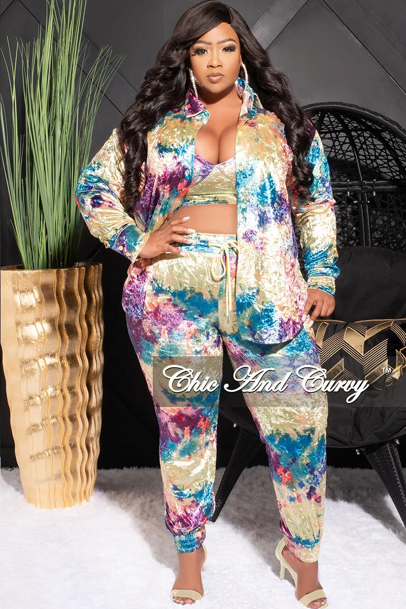 Final Sale Plus Size Velvet 3pc (Button Up Collar Top, Crop Bra Top & Pants) Set in Multi Color Print