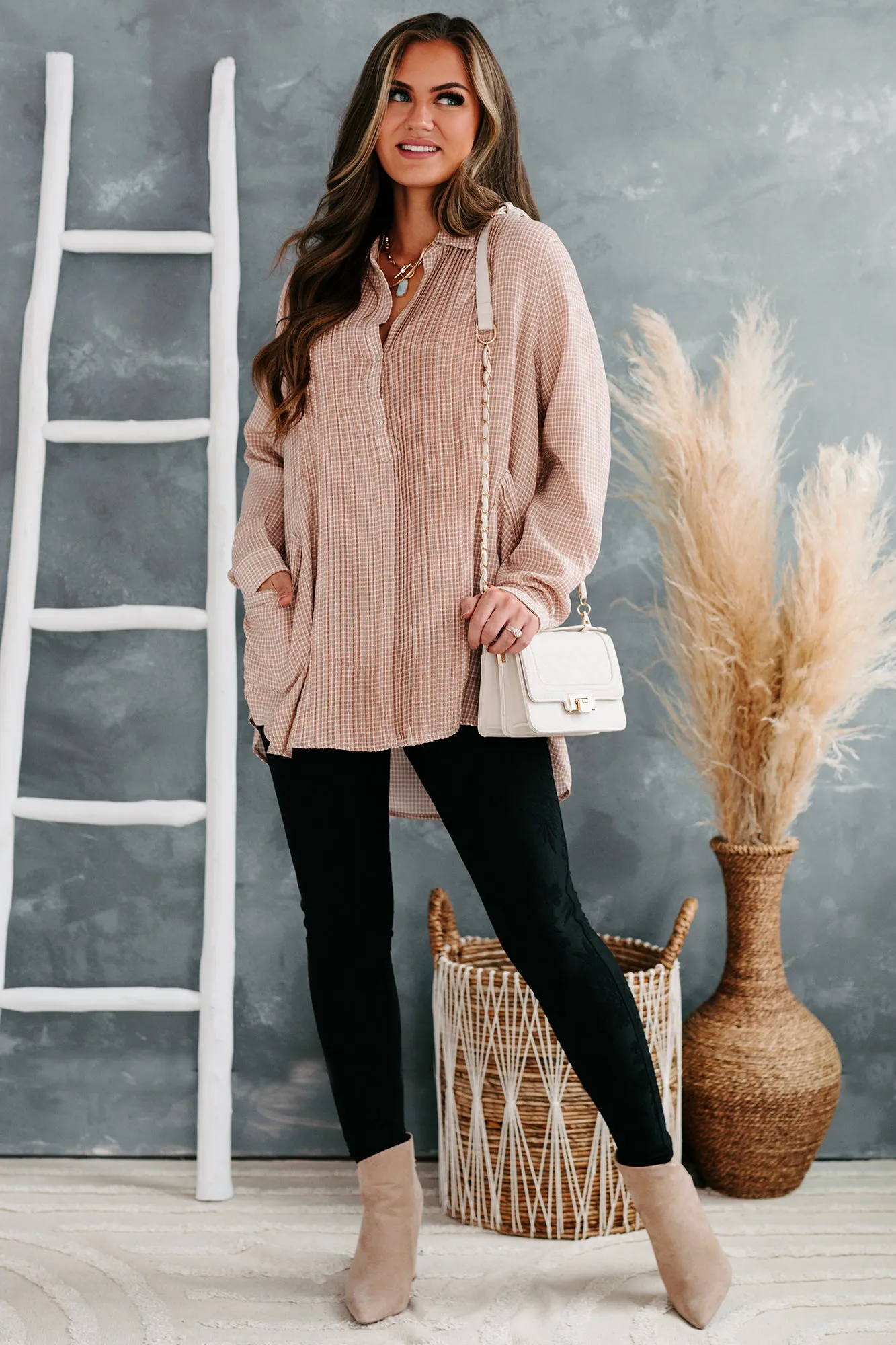 Good Intuition Pleated Front Oversized Tunic Top (Rust/Ivory)