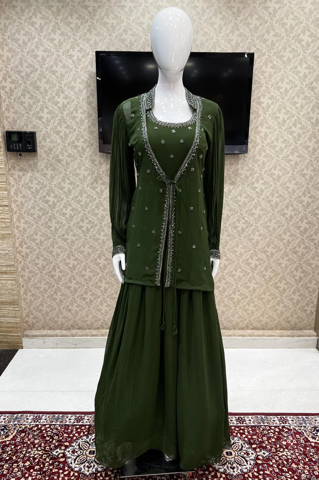 Green Beads and Sequins work Overcoat Styled Floor Length Anarkali Suit