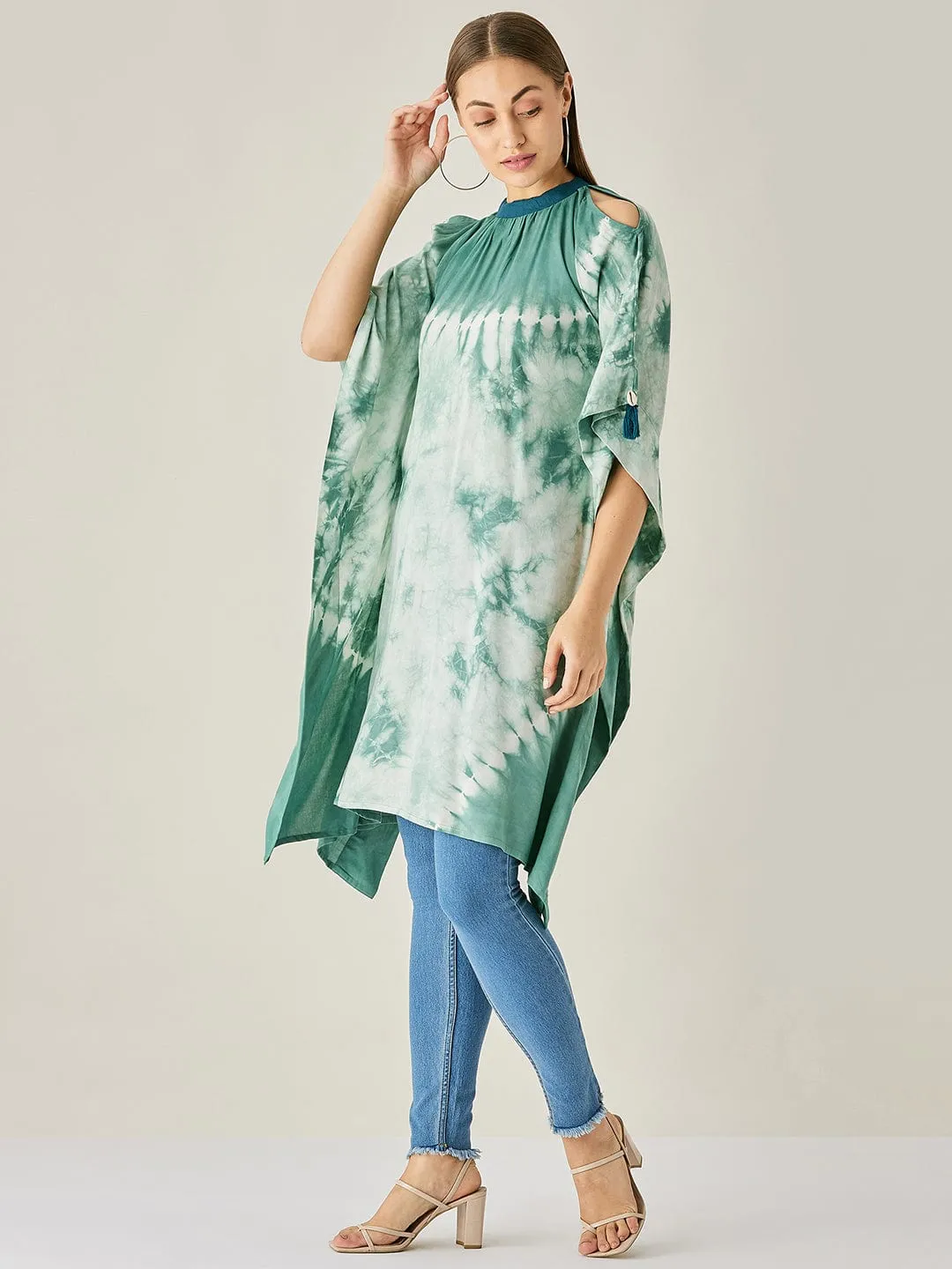 Green Tie Dye Cut Shoulder Kaftan Tunic