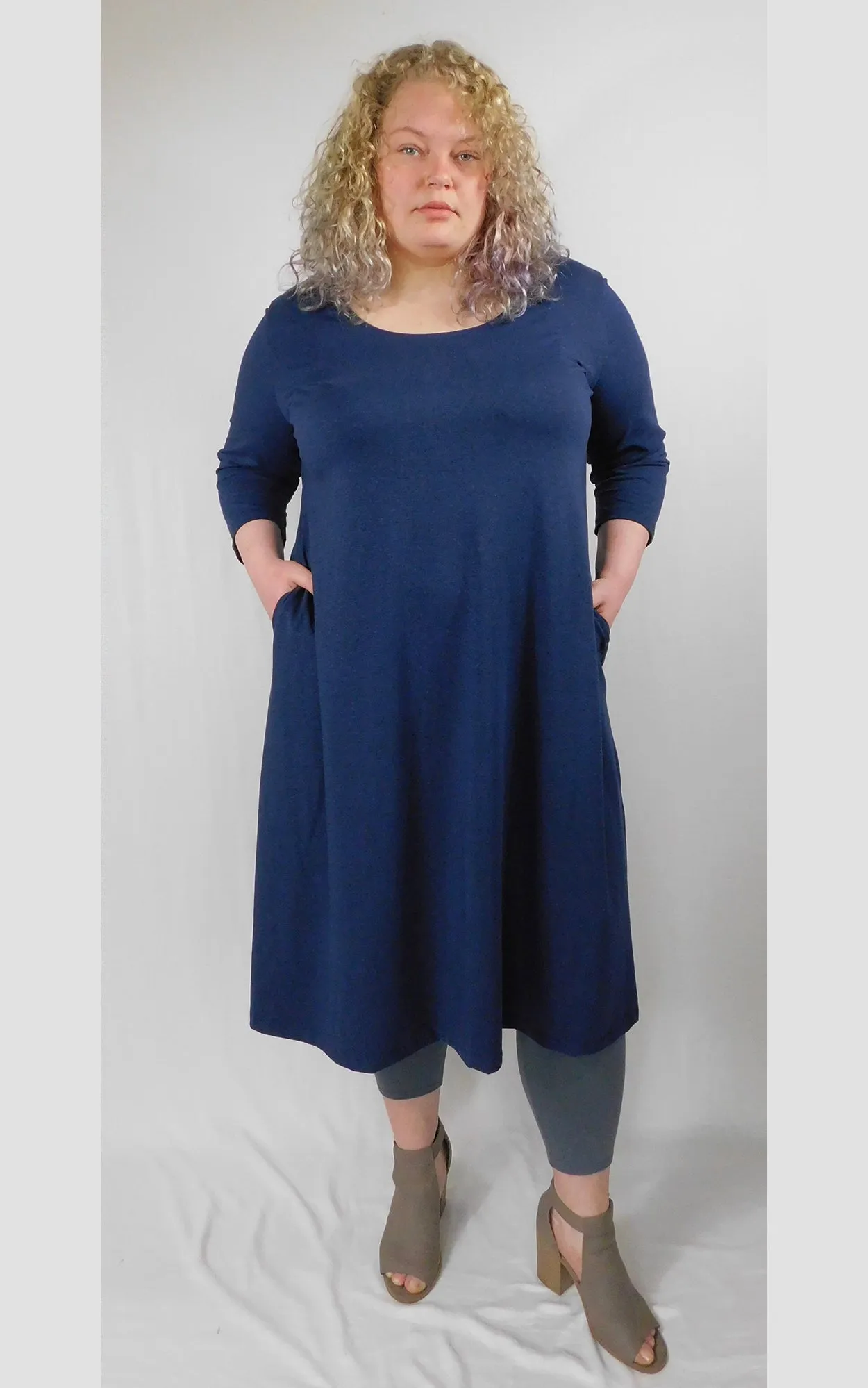 Hemp Organic Cotton 3/4 Sleeve Long Tunic Dress w Pockets - Navy