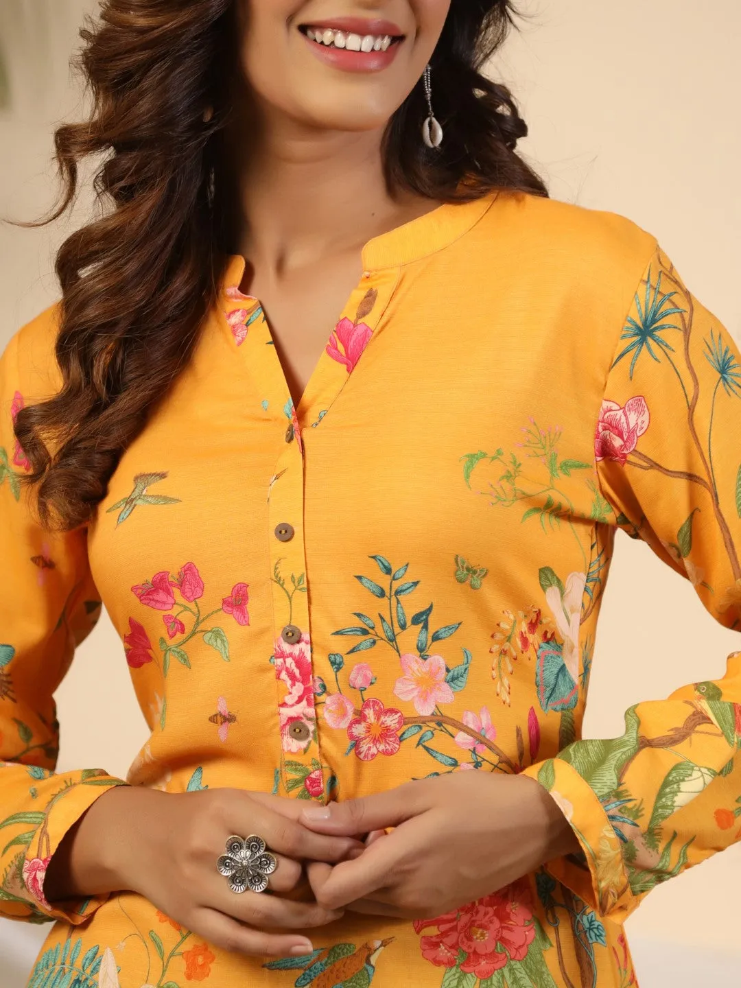 Jashvi Mustard Women Rayon Long Cuff Sleeves Tunic With Floral Print