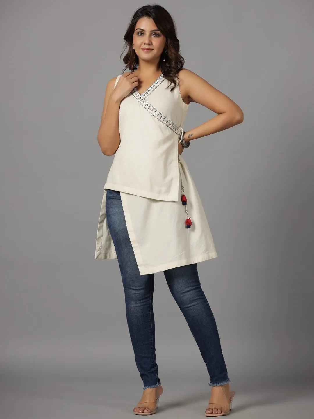 Jashvi Off-White Solid With Embroidered Angrakha Cotton Flex Asymmetric Fusion Tunic With Side Tie-Ups