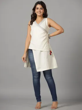 Jashvi Off-White Solid With Embroidered Angrakha Cotton Flex Asymmetric Fusion Tunic With Side Tie-Ups