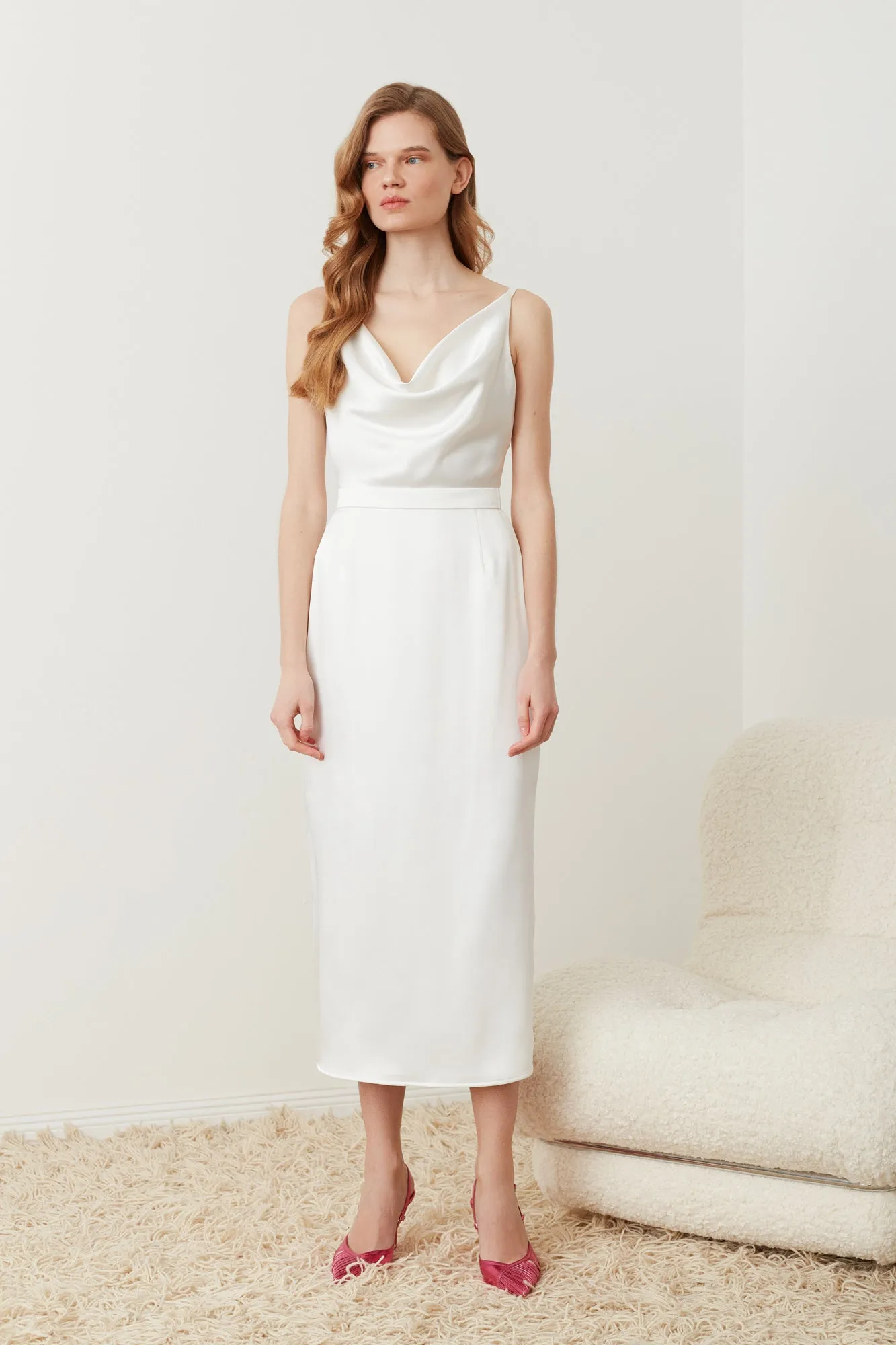 KAMEA white satin midi wedding dress