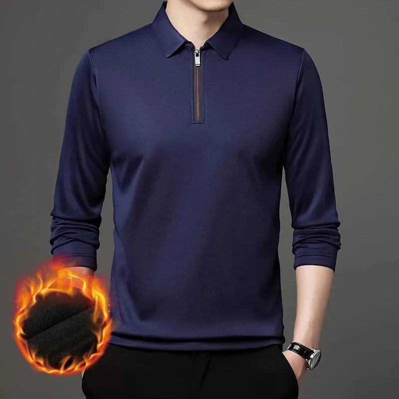 Men's Long Sleeve Zipper Polo Shirt with Turn-Down Collar