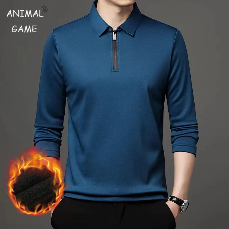 Men's Long Sleeve Zipper Polo Shirt with Turn-Down Collar