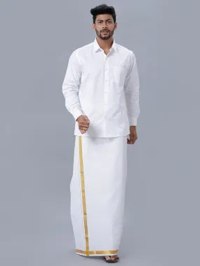 Mens Pure Cotton White Shirt with 1'' Gold Jari Double Dhoti Combo