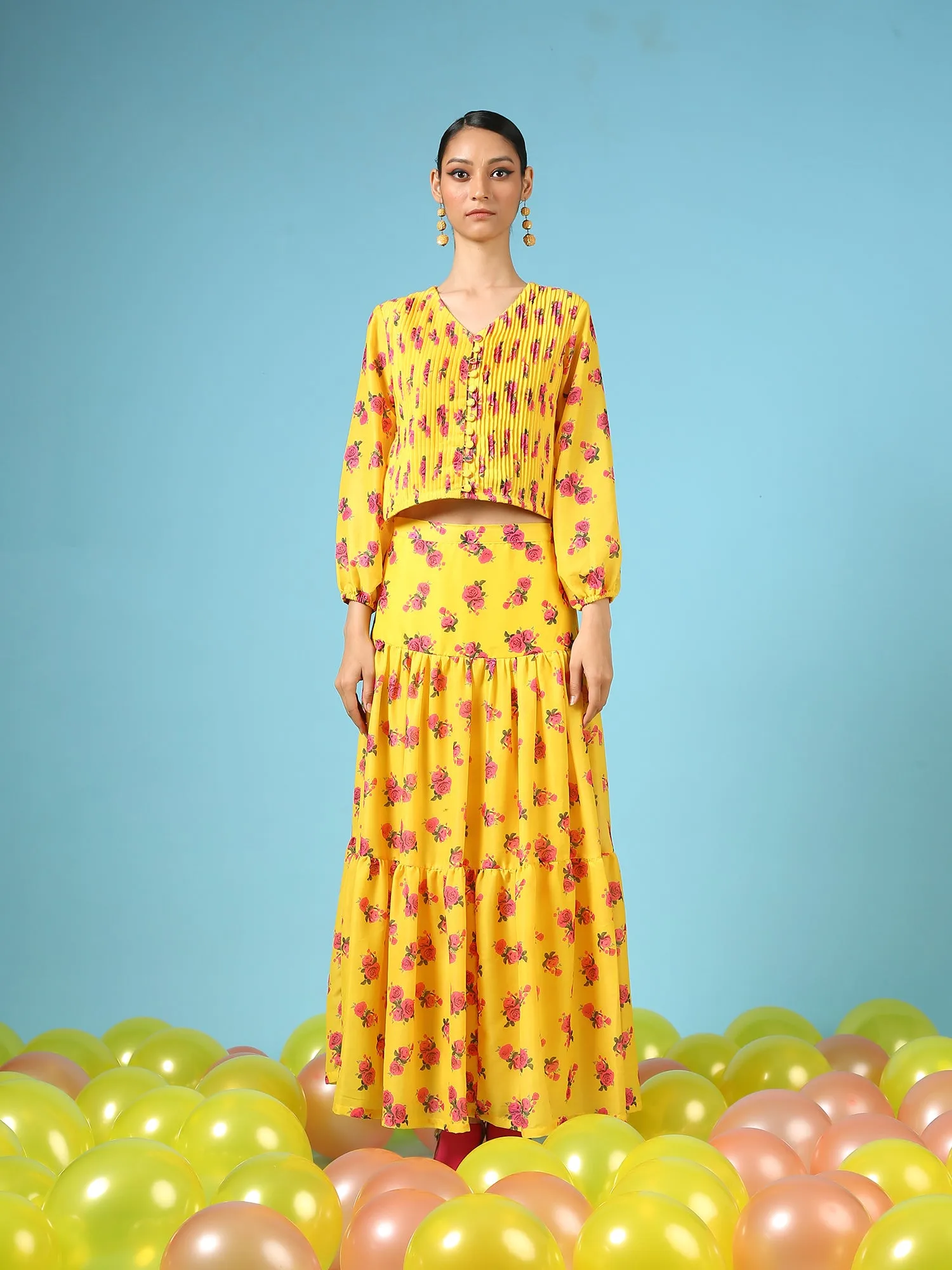 Rose Sunshine Top - Yellow Digital Printed Cotton Silk Blouson Top