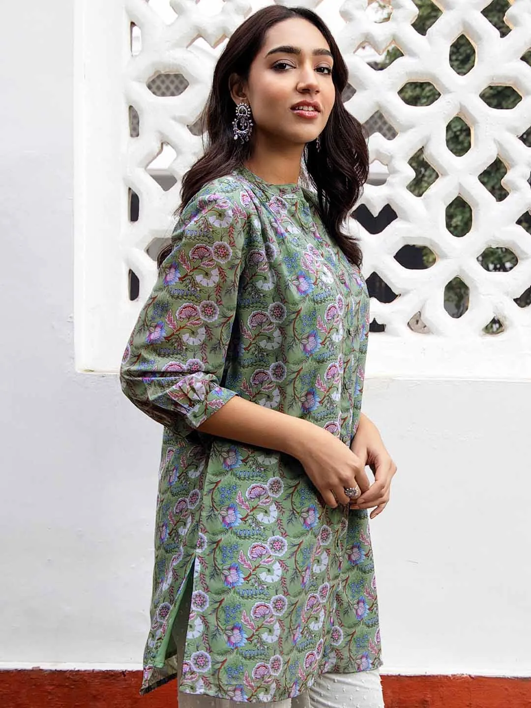 Sage Georgette Floral Printed Tunic  - By Janasya