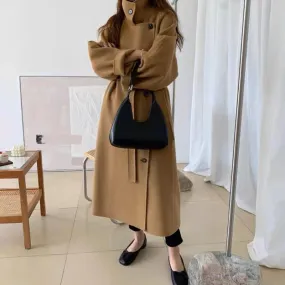 Side Button-Up Belted 100% Wool Coat