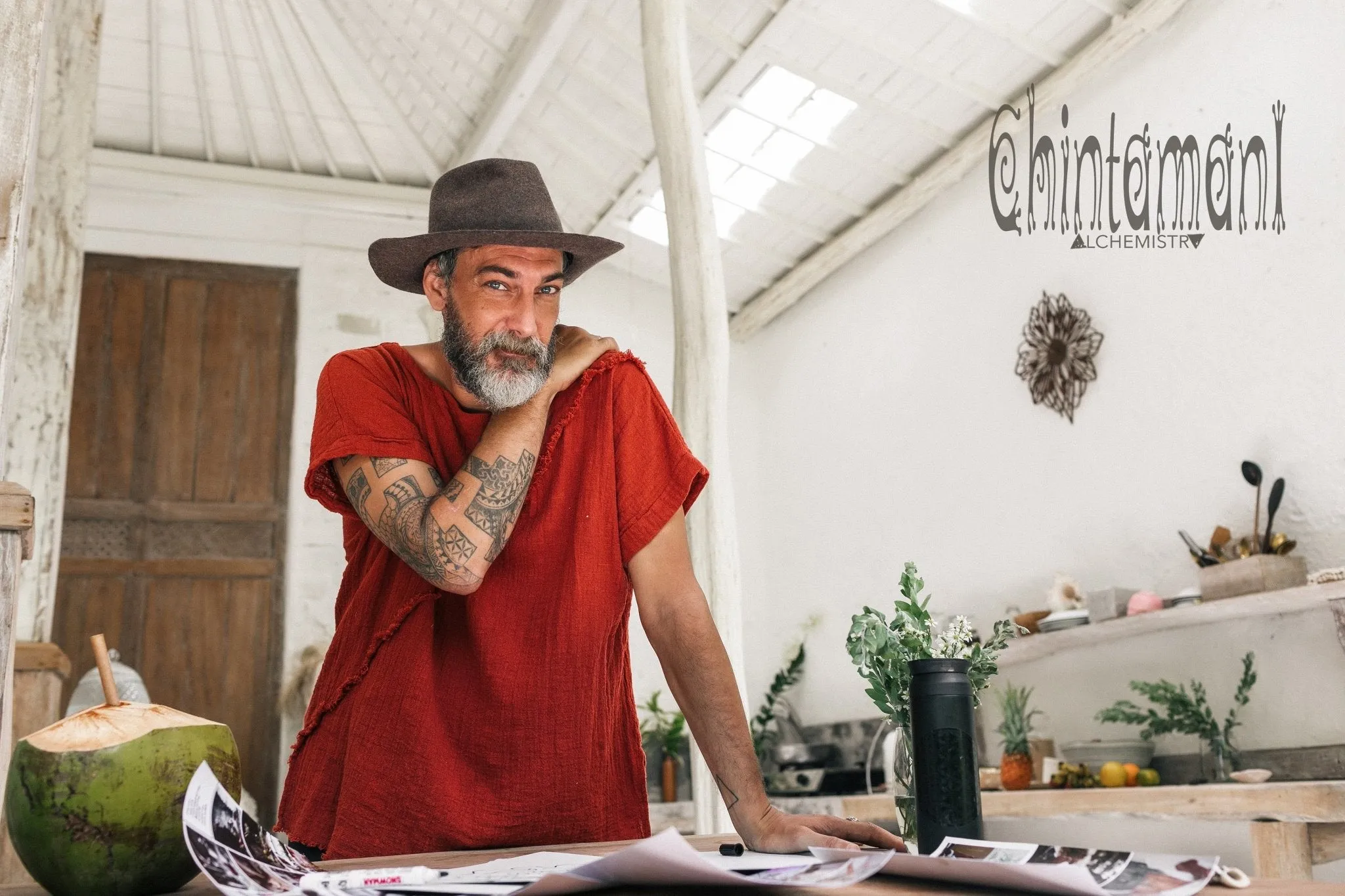 Soft Raw Cotton TShirt for Men with Diagonal Stripe / Red Ochre