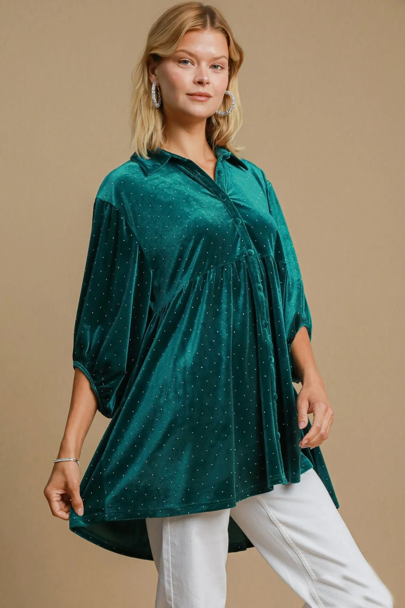 Umgee Solid Color Velvet Tunic Top with Stone Embellishments in Teal Green ON ORDER