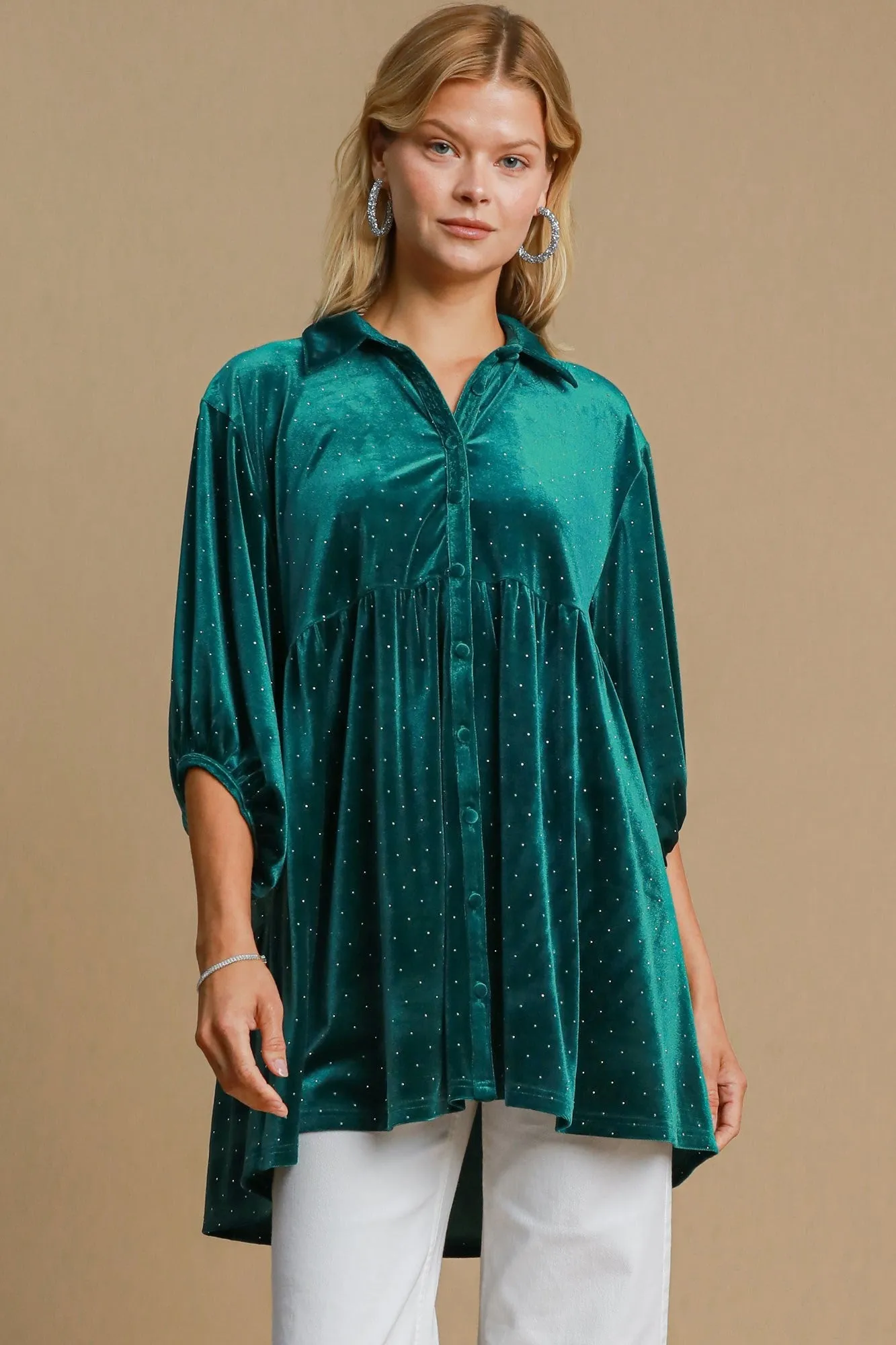 Umgee Solid Color Velvet Tunic Top with Stone Embellishments in Teal Green ON ORDER