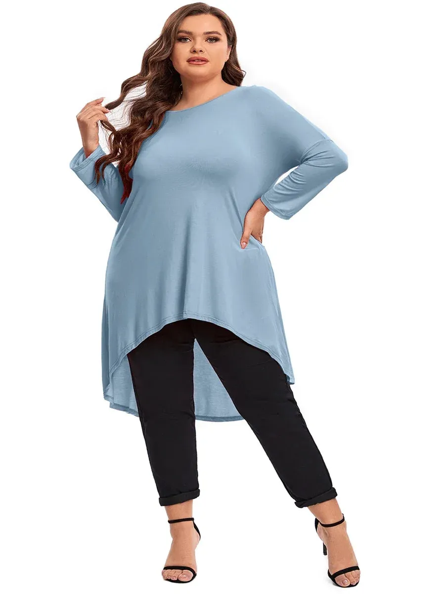 Uniwim Plus Size Long Sleeve Spring Fall Hi Low Tunic Tops Women Long Loose Fit Flare Swing Blouse T Shirt Large Size Casual Tops 6XL